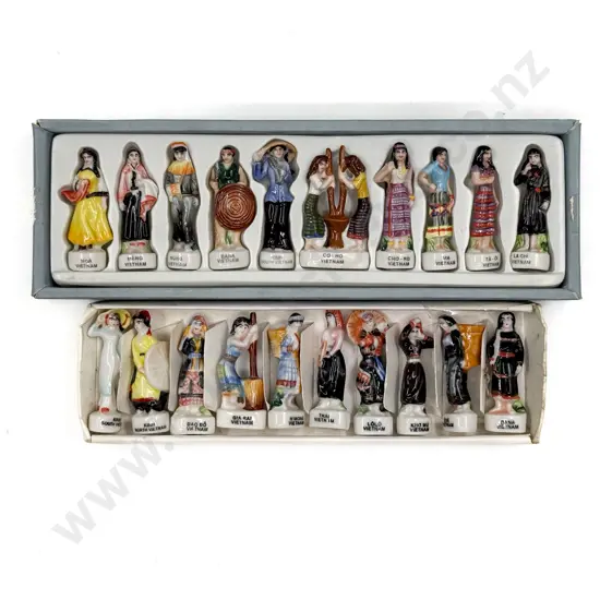 Two Boxed Sets of Miniature Ceramic Figures in Vietnamese National Costume