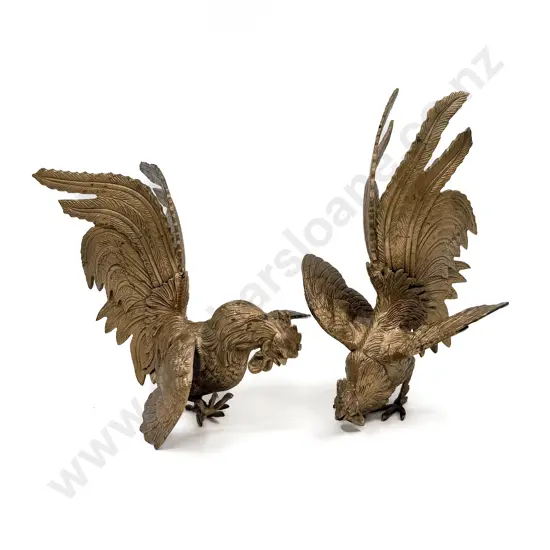 Pair of Gilt Painted Fighting Roosters