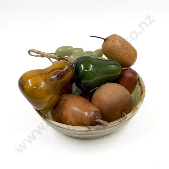 Qty of Assorted Hardstone Faux Fruit in Onyx Bowl