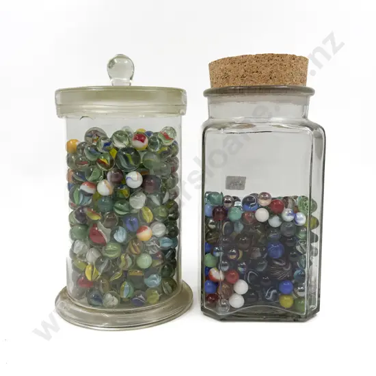 Two Glass Jars with Assorted Marbles