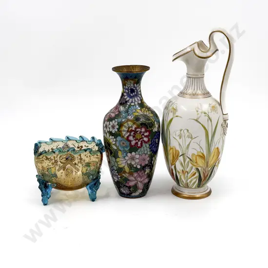 Cloisonne Vase With Art Glass Basket and Floral Jug