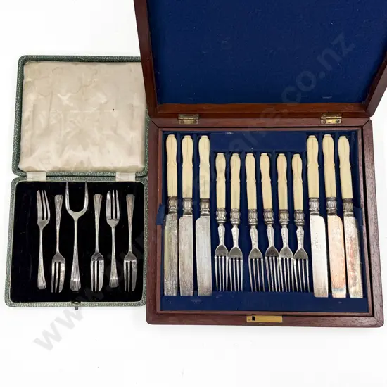 Cased Set of Bone Handles Cutlery and Cased Cake Forks