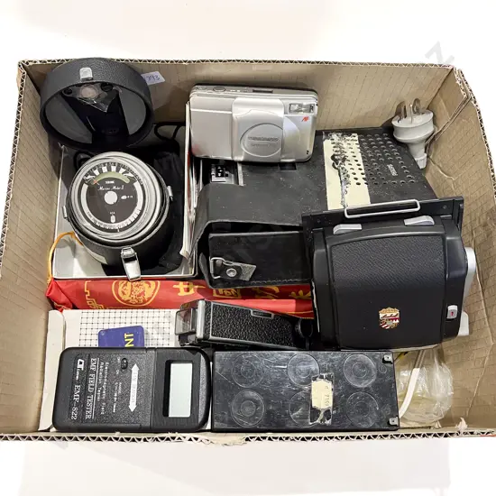 Qty of Assorted Vintage Electronics and Camera Accessories Tpgether With Box of Cinema Reference