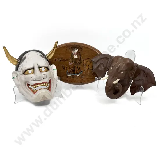 Vintage Japanese Mask together with Elephant Wall Hanging and other Plaque