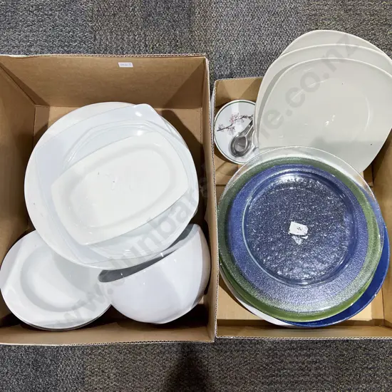 Two Boxes of White Crockery and Glassware Etc