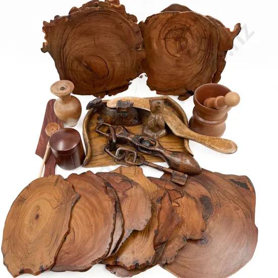 Box of Assorted Woodware including Crumb Tray and Brush