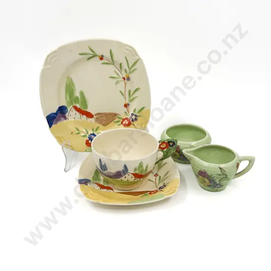 Clarice Cliff Milk Jug and Sugar Bowl with Unmarked Clarice Cliff Tea Cup and Saucers