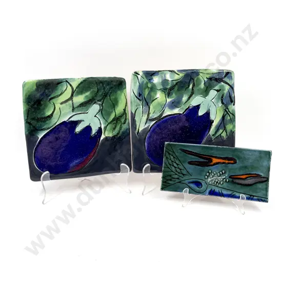 Morris & James Pair of Egg Plant Wall Hanging Tiles Together With Boxed Smaller Tile