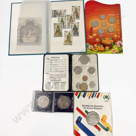 Singapore and other Comm. Coins (6) and Mongolian Stamp Pack