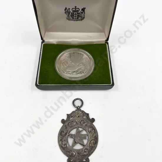 NZ 1980 One Dollar Silver Coin and NZ Medallion Presented to Sister N. Cohen 1923