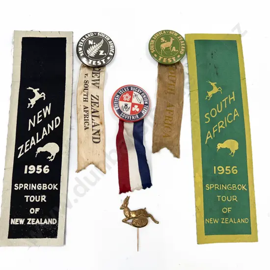 NZ 1956 All Blacks V South Africa Tin Badge x2 with Ribbons Lapel Pin and British Isles Badge