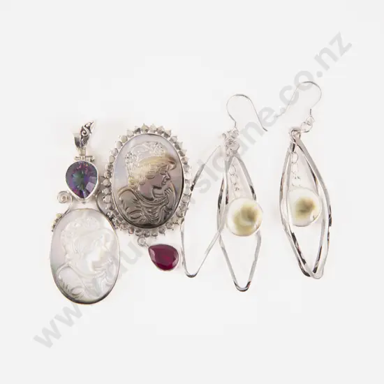 S/S and Paua Portrait Pendant and Brooch with Pair Pendant Drop Cats Eye Earrings