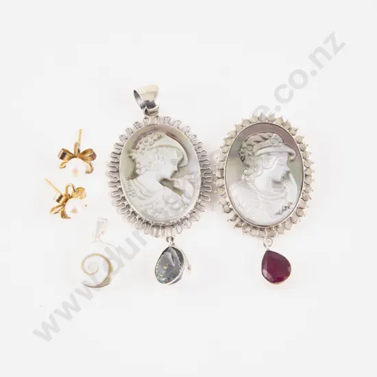S/S and Paua Portrait Pendant and Brooch with Pair Pair Earrings