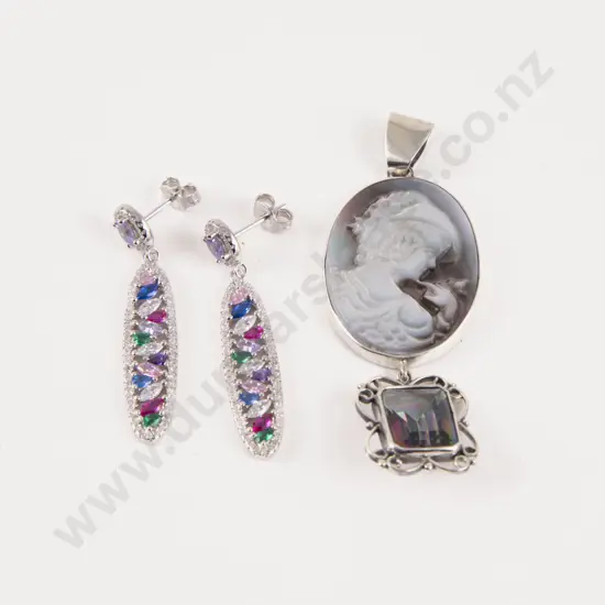 S/S and Paua Portrait Pendant with Pair Pendant Drop Crystal Earrings
