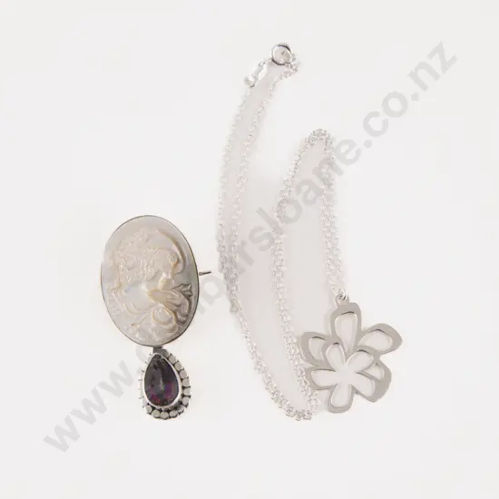 S/S and Paua Portrait Brooch with Flower Necklace