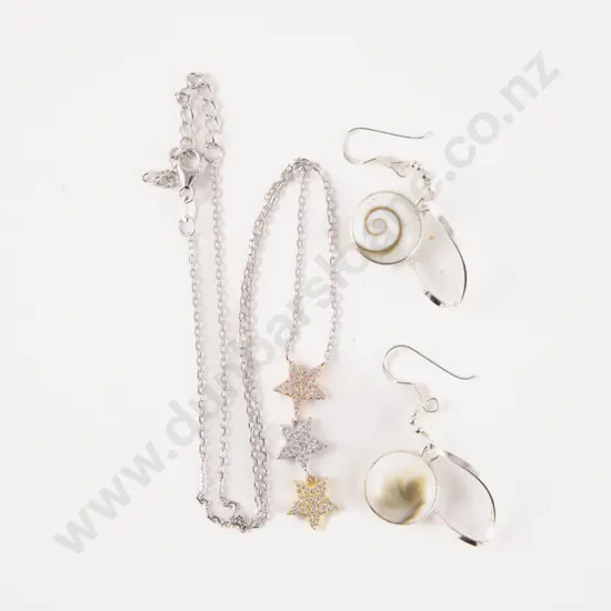 S/S Crystal Star Drop Necklace with Cats Eye Pendant Drop Earrings
