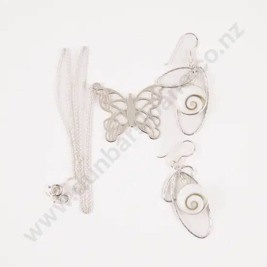 S/S Butterfly Necklace with Cats Eye Pendant Drop Earrings