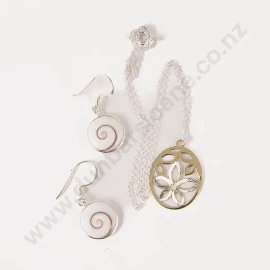 S/S Flower Necklace and Pair Cats Eye Pendant Drop Earrings