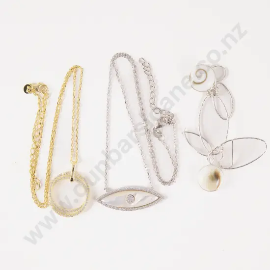 Two S/S Crystal Necklaces and Pair Cats Eye Pendant Drop Earrings