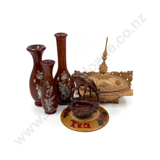 Vintage Basket of Assorted Woodware Including Inlaid Vases