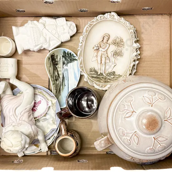 Qty of Assorted China and Ornaments Including Rumtopf Barrel