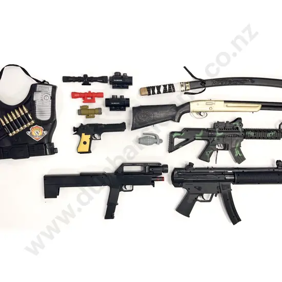 Various Toy Rifles with Swat Bullet Proof Vest Etc