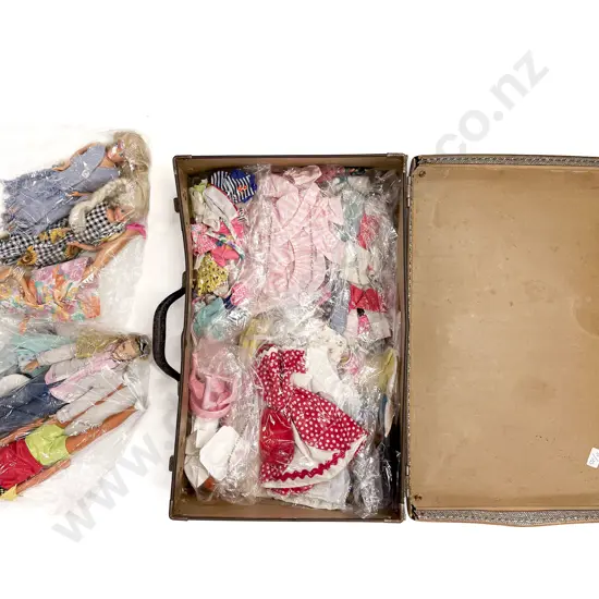 Collection of Assorted Barbies with Barbie Clothes and Suitcase