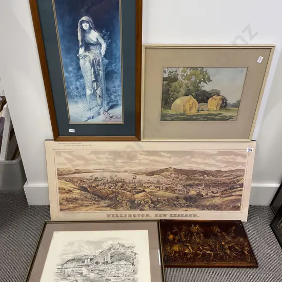 Historical Print on Board - Wellington NZ & Four Assorted Others