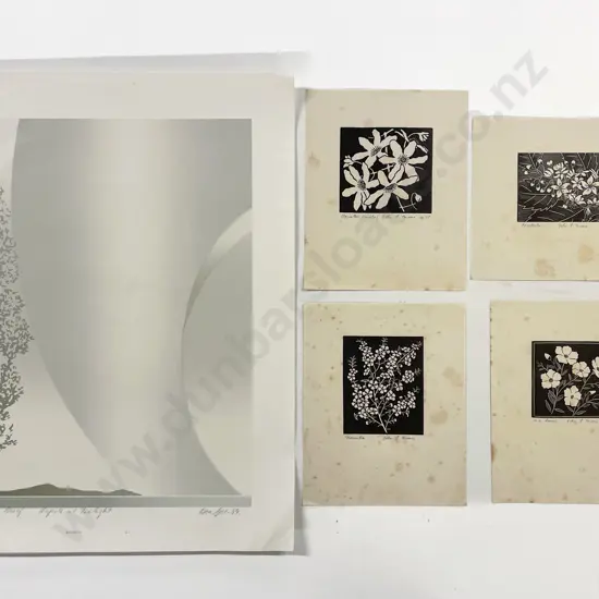 Four Unframed John L Moore Lino Cuts and Other