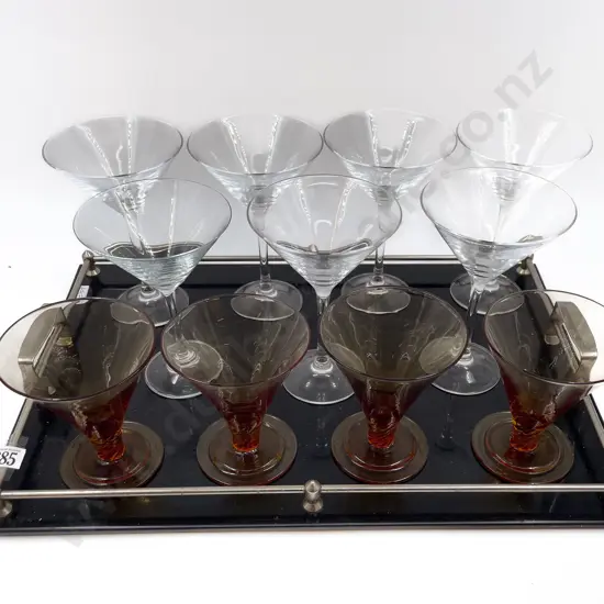 Art Deco Chrome and Glass Drinks Tray and 11 Martini Glasses