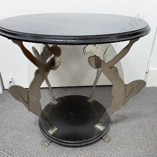 Art Deco Ebonised Circular Table with Four Chromed Figural Supports on Lions Paw Feet