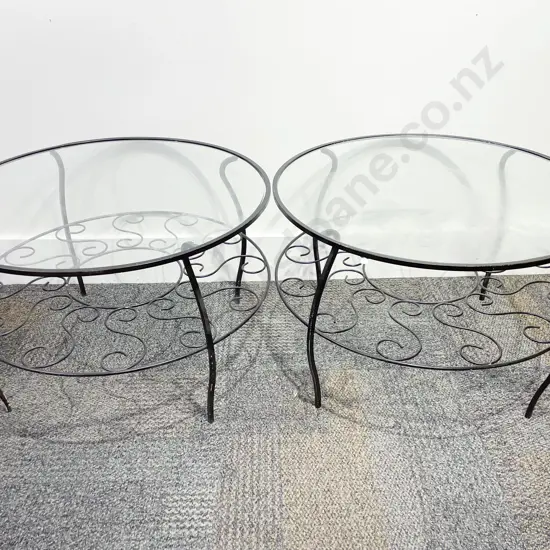 Pair Wrought Metal Glass Topped Circular Occasional Tables