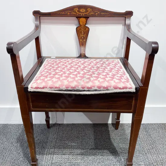 Edwardian Mahogany & Marquetry Piano Stool