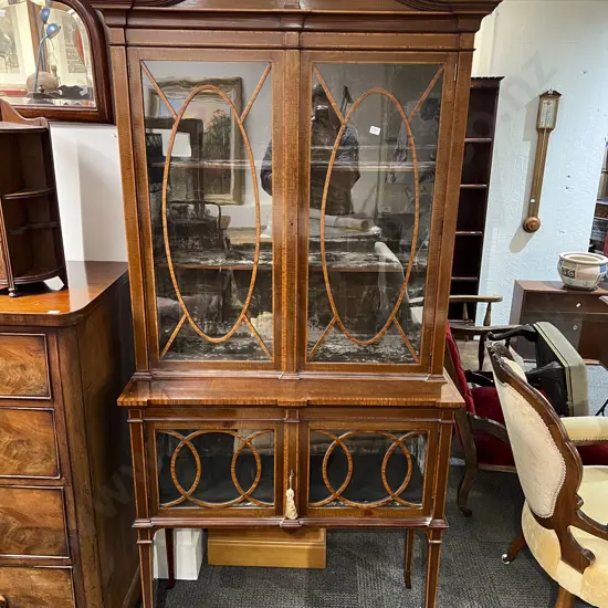 An Elegant Edwardian Mahogany Sheraton Revival Display Cabinet on Stand