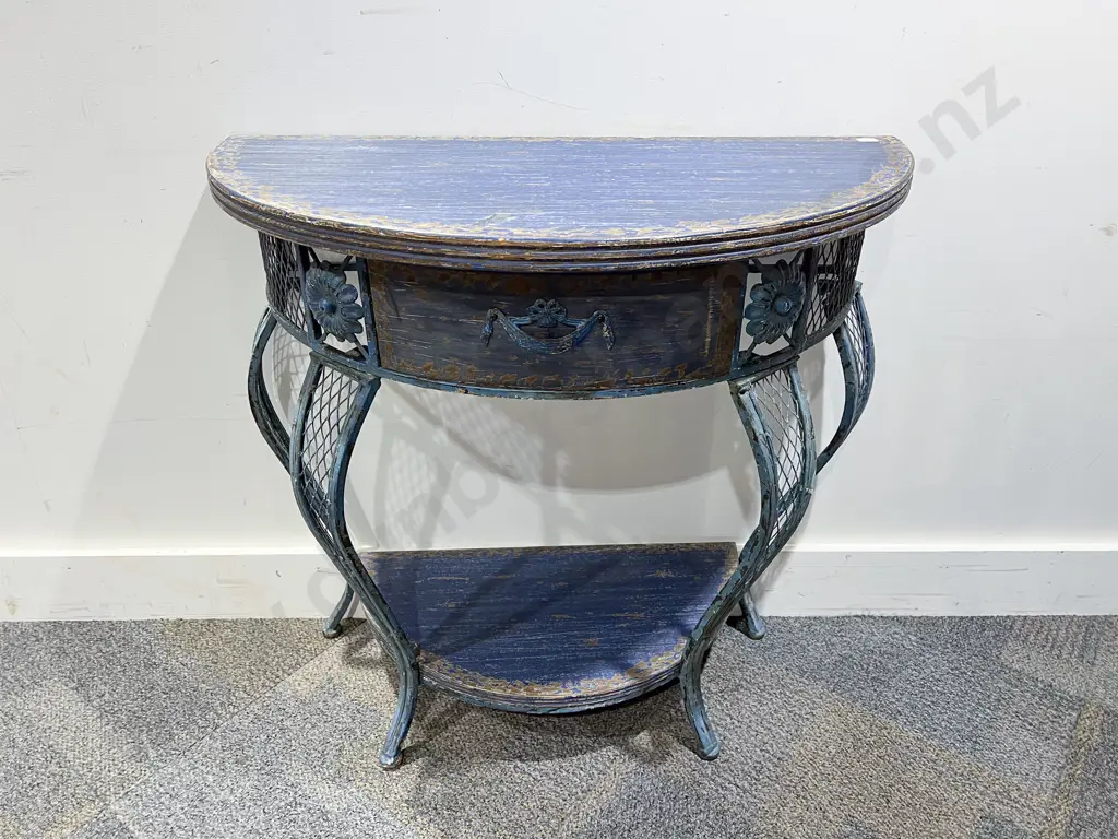 Distressed Demi Lune Hall Table with Wrought Metal Legs Image 1++
