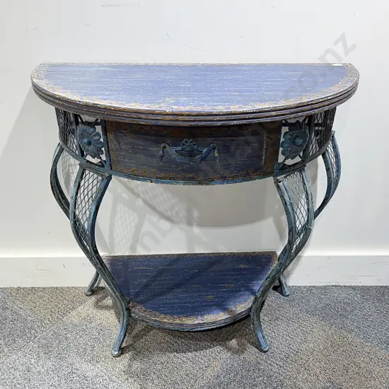 Distressed Demi Lune Hall Table with Wrought Metal Legs