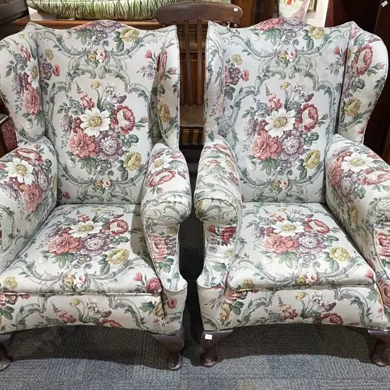 Pair of Wingback Armchairs Upholstered in Sanderson Linen
