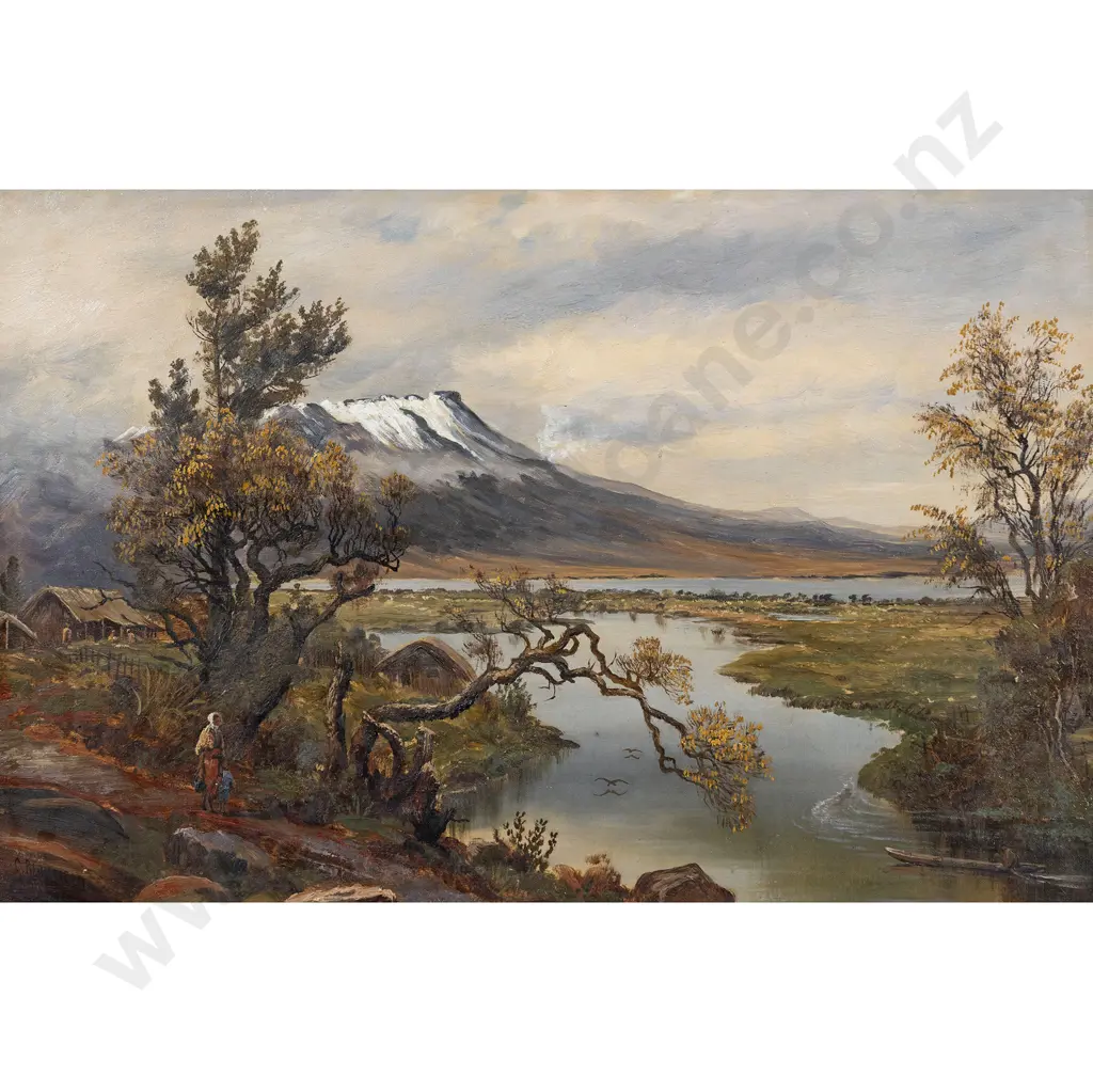 Charles Blomfield - NZ River Landscape with Māori Pā Figures and Waka Image 1++