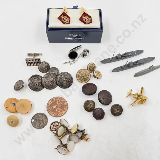 Pair Royal Army Medical Corps Cuff Links with Various Stud Buttons and Three Lead Ship Models