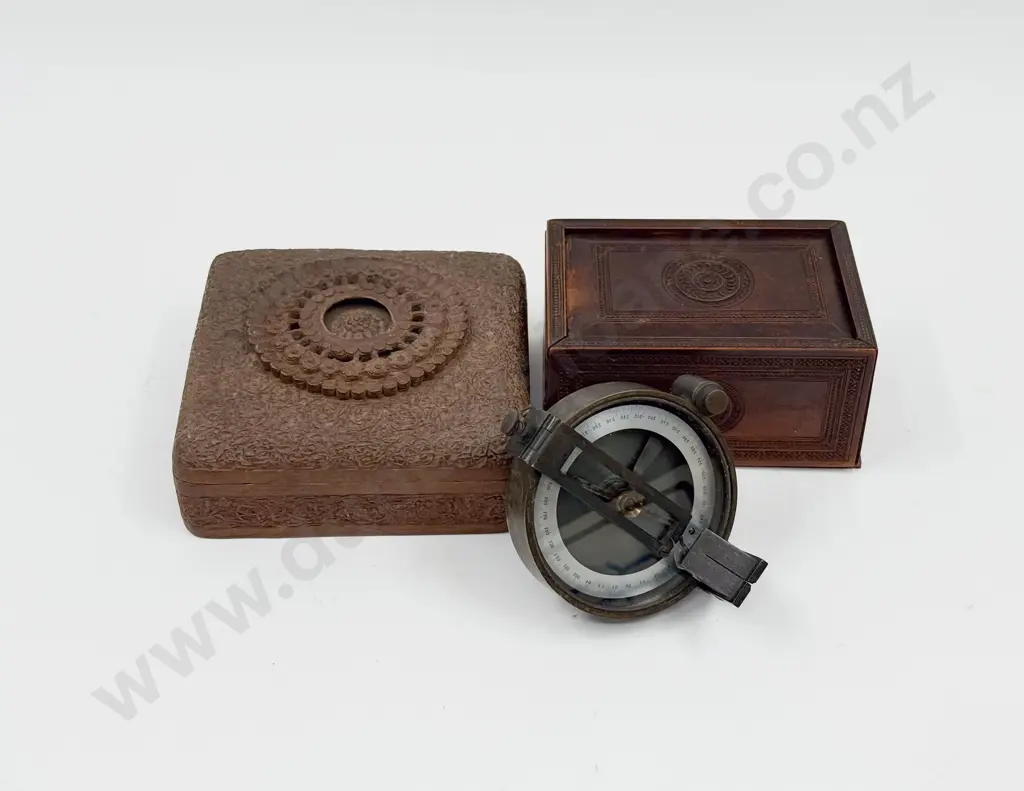 Late C19th Instrument Mounting Brass Compass (af) with two finely carved Trinket Boxes Image 1++