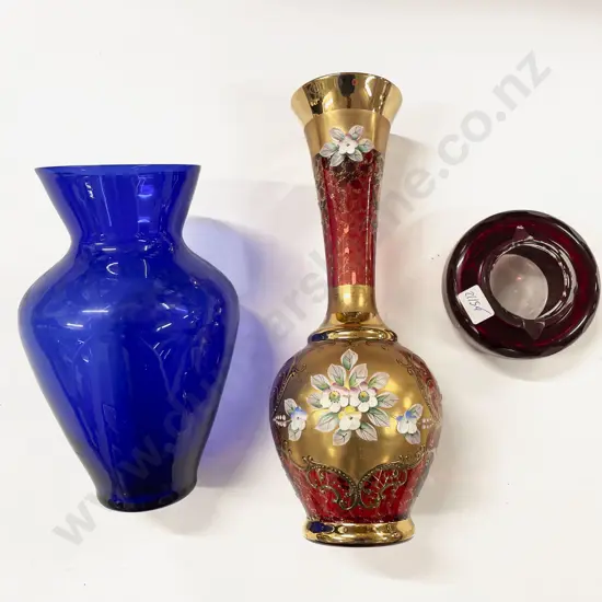 Venetian Glass Vase Together with Blue Glass Vase and Other Ashtray