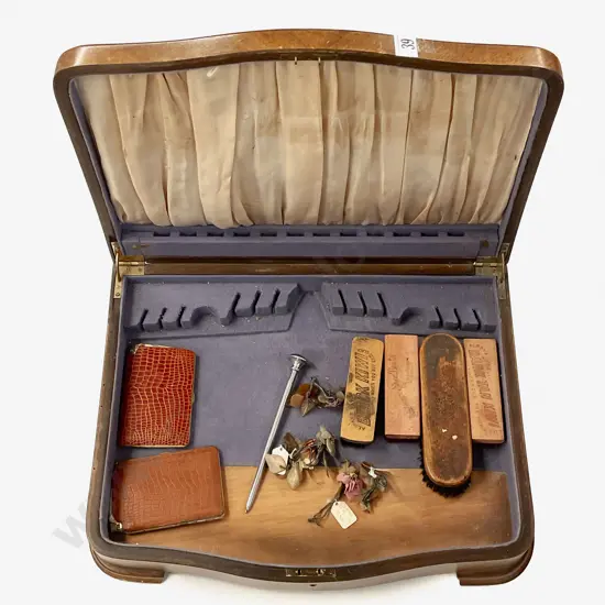 Two Cig. Cases with Assorted Vintage Shoe Brushes and Hardstone Ornaments Etc