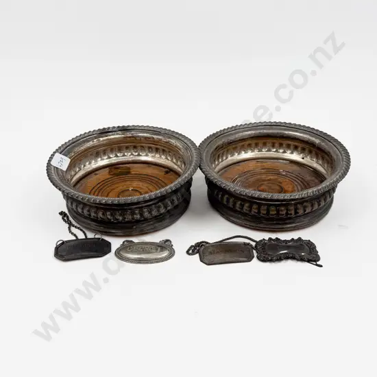 Pair of S/P Wine Coasters and Four Assorted Decanter Labels