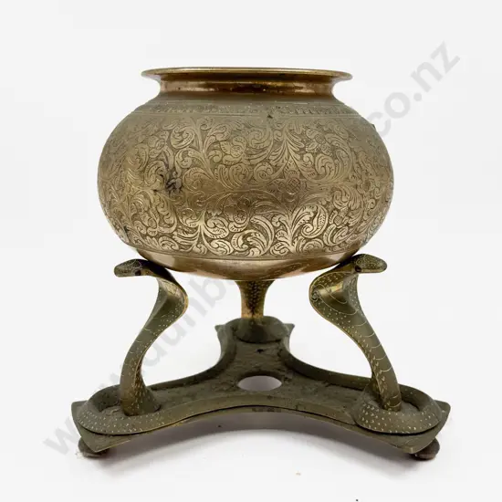 Brass Snake Form Plant Stand and Associated Brass Planter