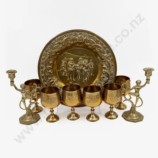 Pair of Monkey Form Candle Sticks with Brass Goblets and Embossed Plate
