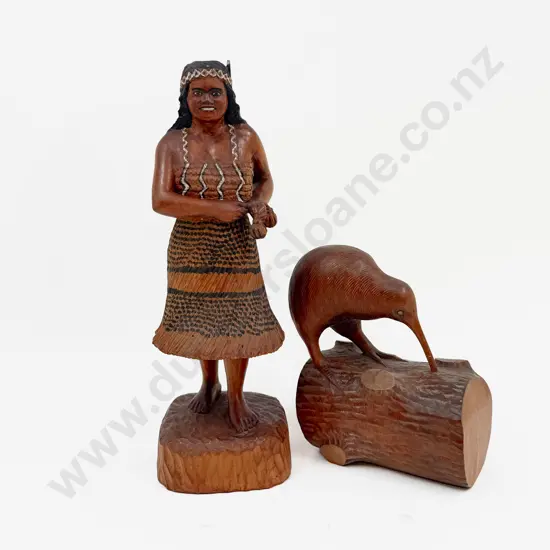 NZ Carved Wooden Wahine and Kiwi