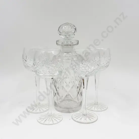 Webb and Corbett Decanter and Four Assorted Wine Glasses