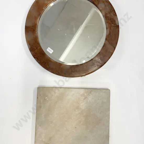Marble Framed Circular Bevel Edged Wall Mirror together with Square Marble Slab