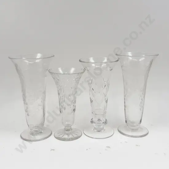 Pair of Etched Glass Vases and Two Crystal Vases