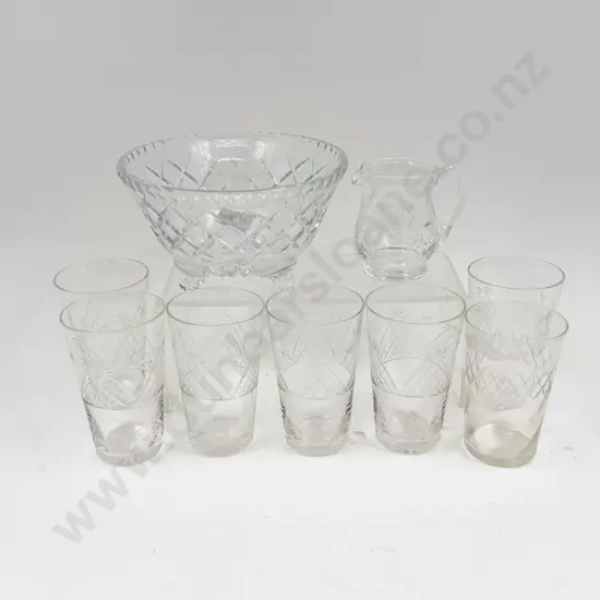 Quantity of Etched Glasses and Crystal Bowl etc